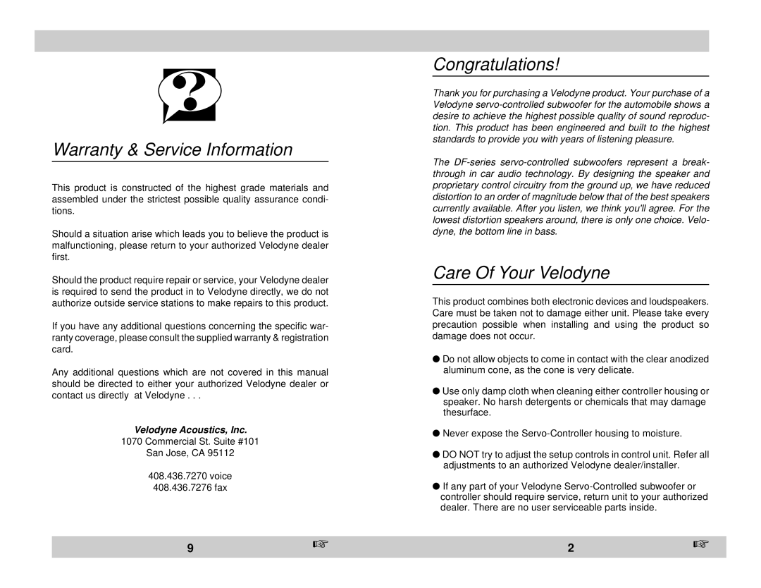 Velodyne Acoustics DF-10sc, DF-12sc owner manual Warranty & Service Information, Congratulations, Care Of Your Velodyne 