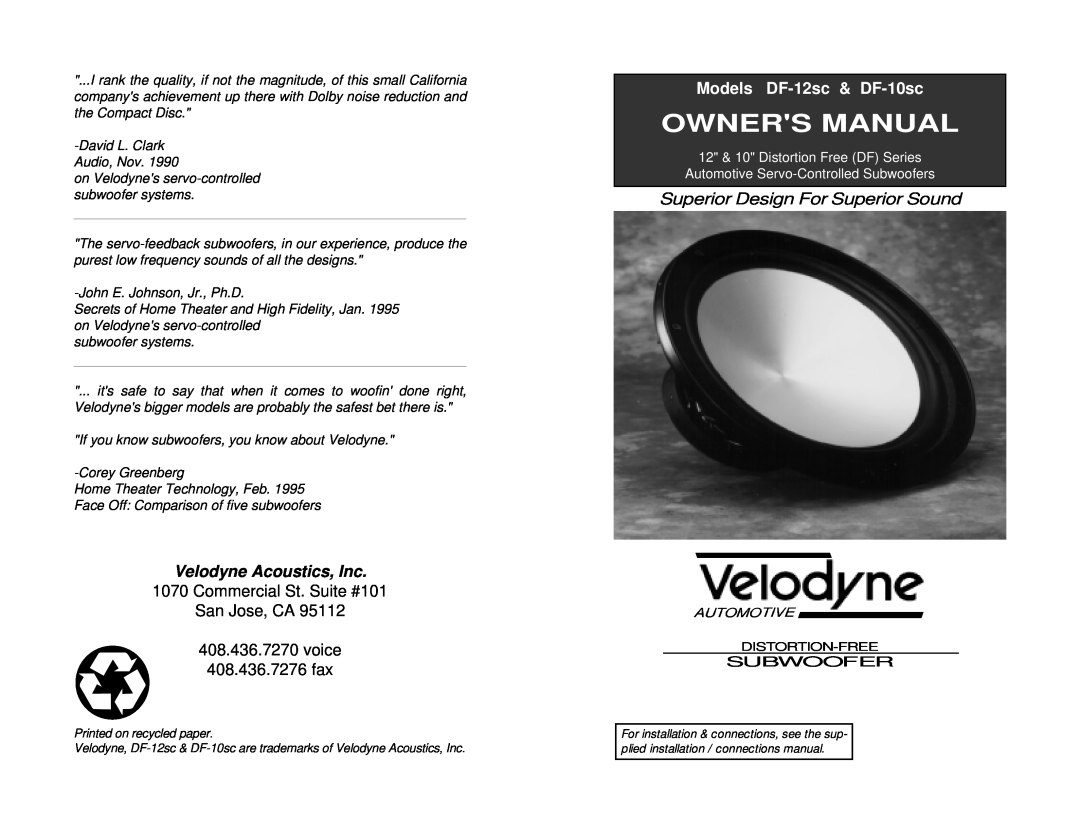 Velodyne Acoustics DF-10sc, DF-12sc owner manual Commercial St. Suite #101 San Jose, CA, voice 408.436.7276 fax, Subwoofer 