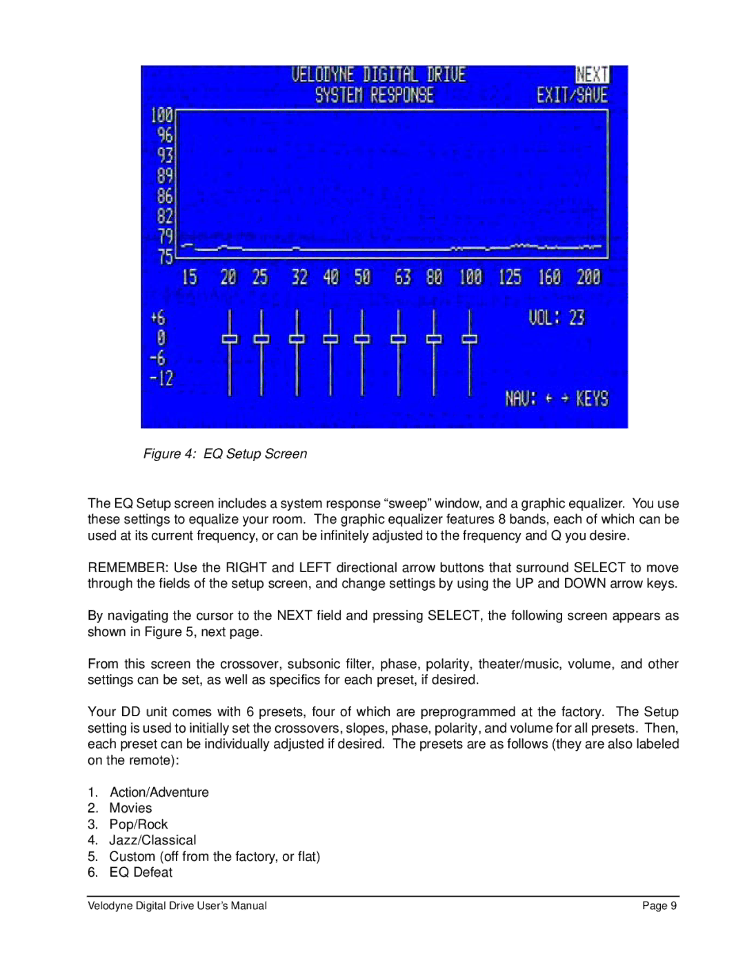 Velodyne Acoustics Digital Drive Subwoofer user manual EQ Setup Screen 