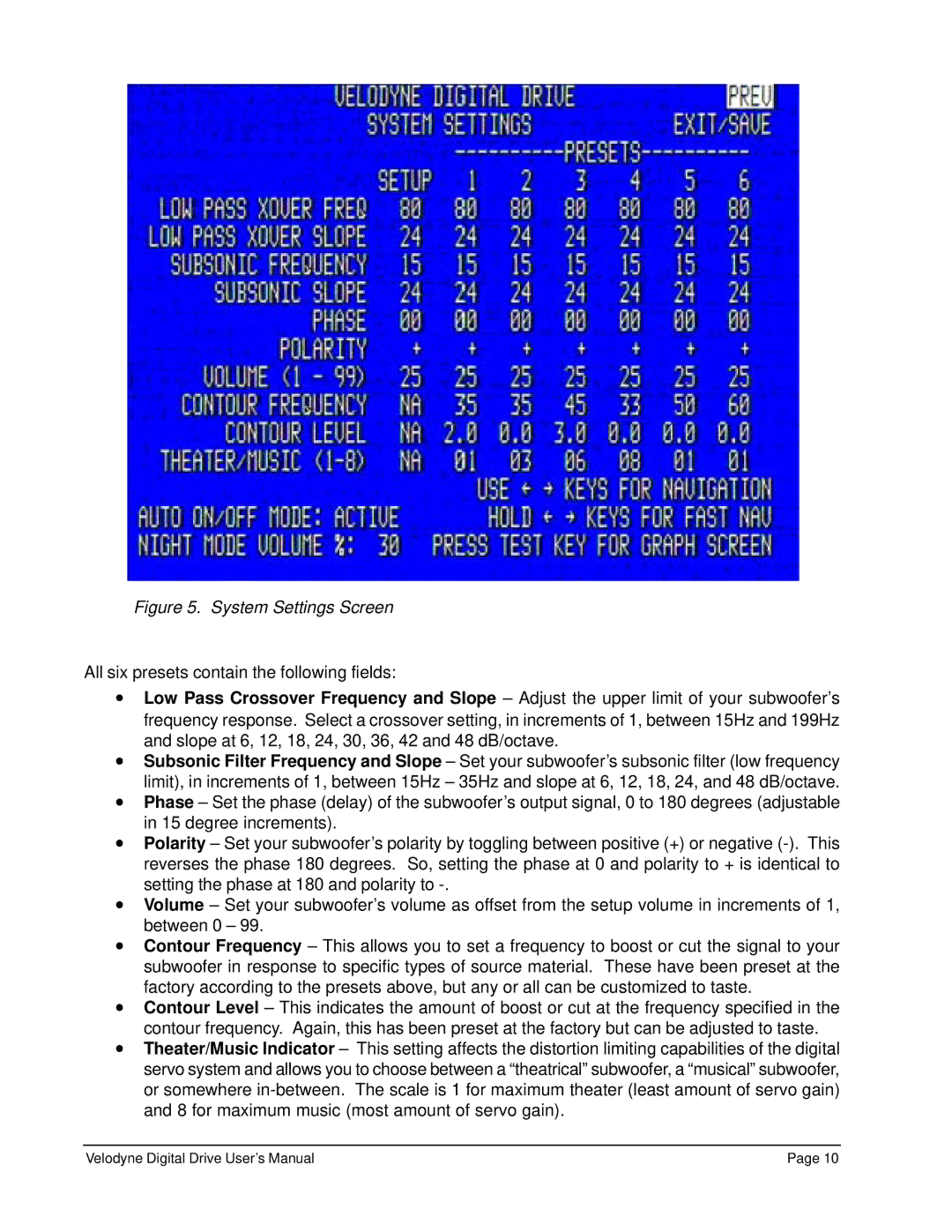 Velodyne Acoustics Digital Drive Subwoofer user manual System Settings Screen 