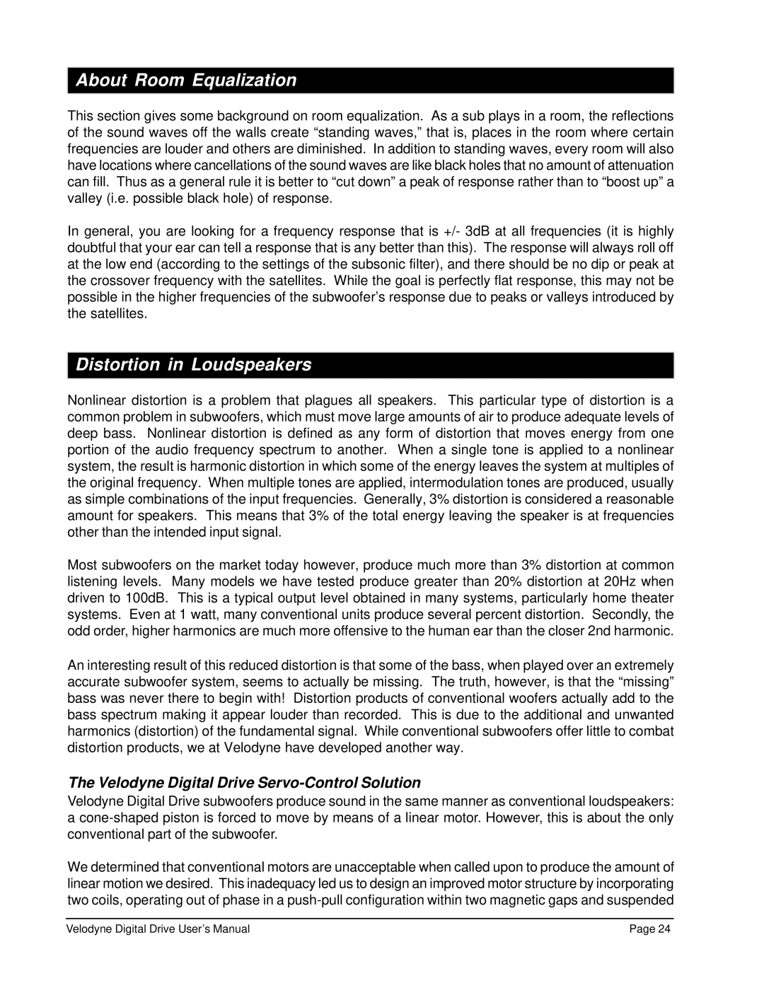 Velodyne Acoustics Digital Drive Subwoofer user manual About Room Equalization, Distortion in Loudspeakers 