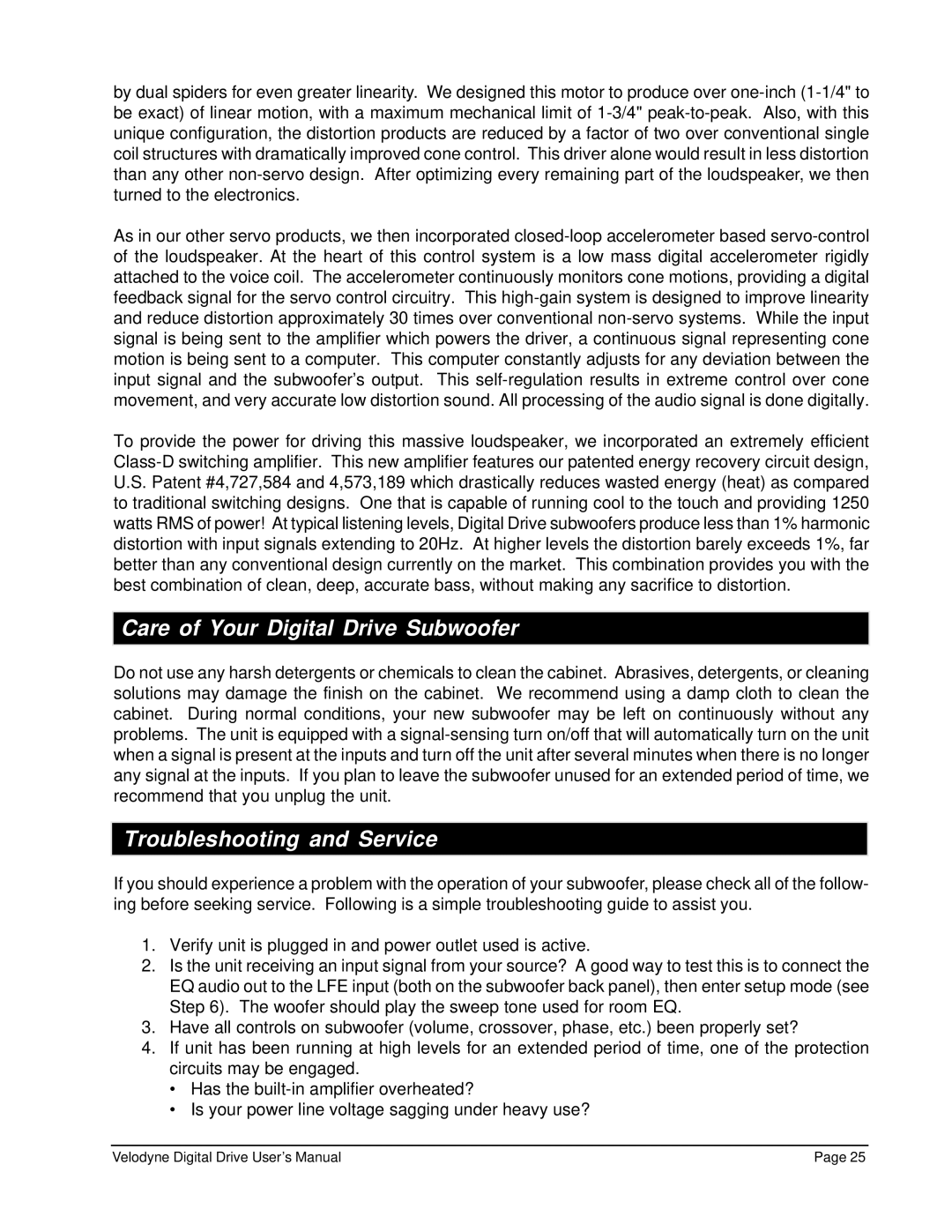 Velodyne Acoustics user manual Care of Your Digital Drive Subwoofer, Troubleshooting and Service 