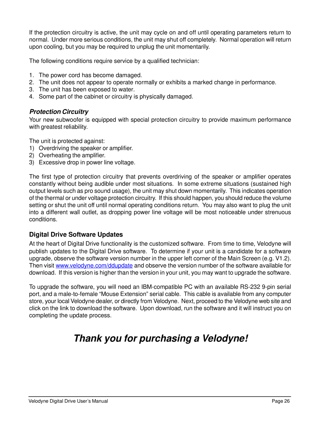 Velodyne Acoustics Digital Drive Subwoofer user manual Protection Circuitry, Digital Drive Software Updates 