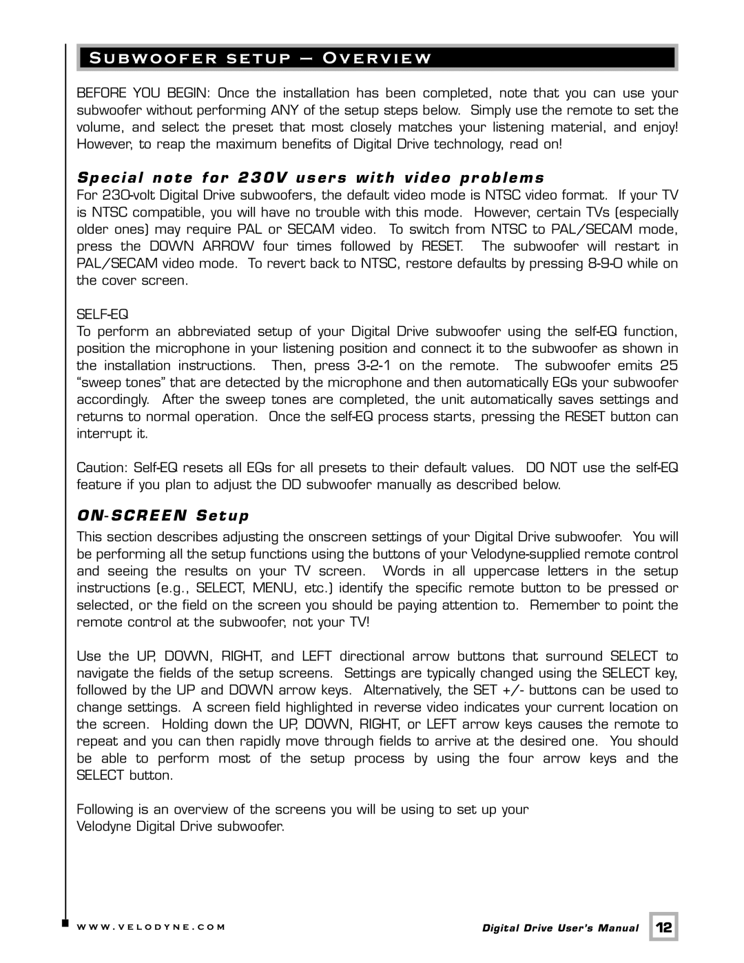 Velodyne Acoustics Digital Drive user manual Subwoofer setup Overview, Special note for 230V users with video pr oblems 