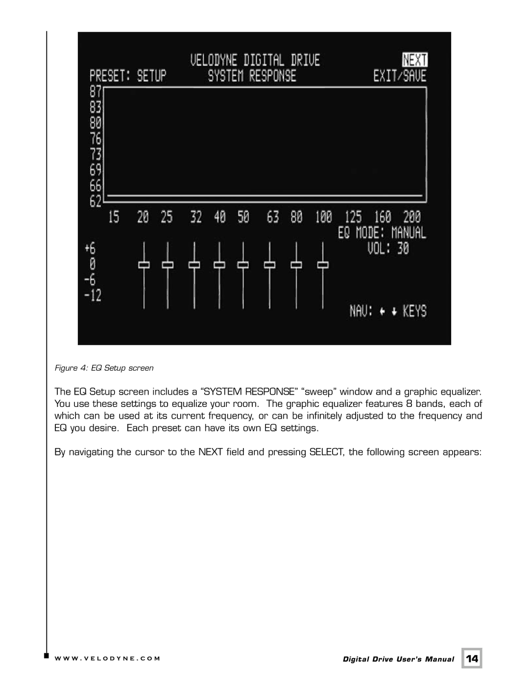 Velodyne Acoustics Digital Drive user manual EQ Setup screen 