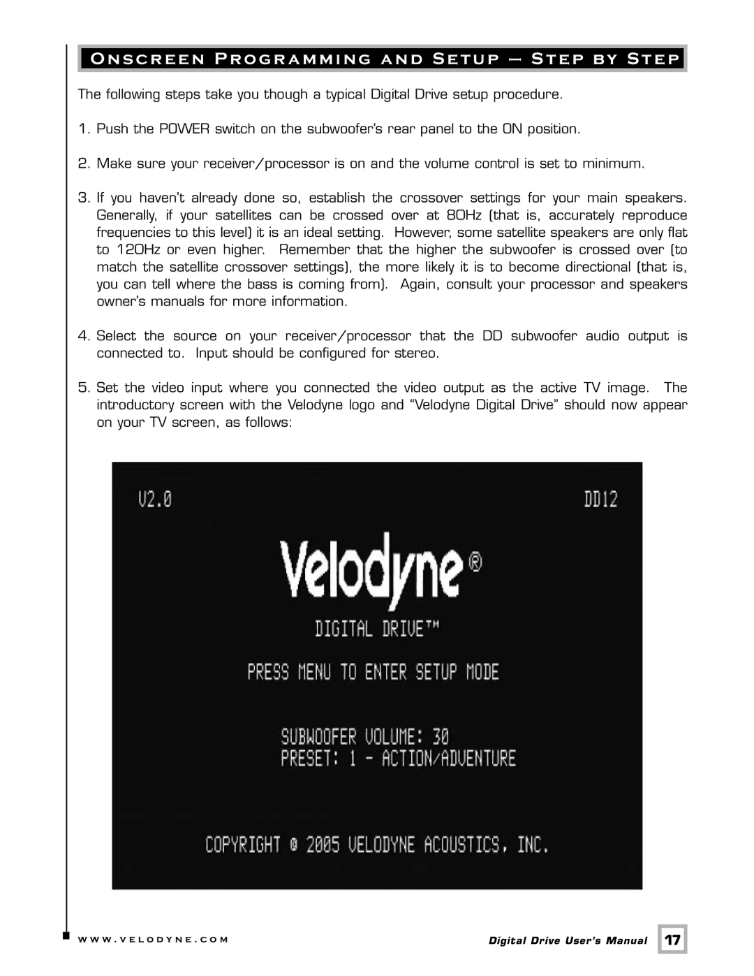 Velodyne Acoustics Digital Drive user manual Onscreen Programming and Setup Step by Step 