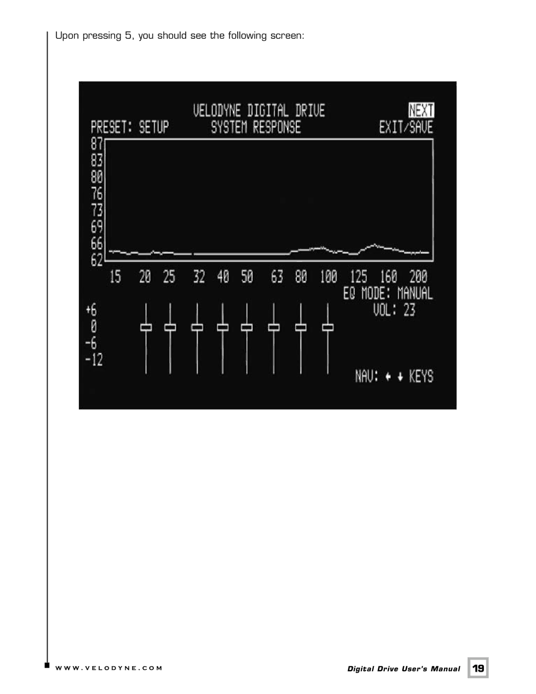 Velodyne Acoustics Digital Drive user manual Upon pressing 5, you should see the following screen 