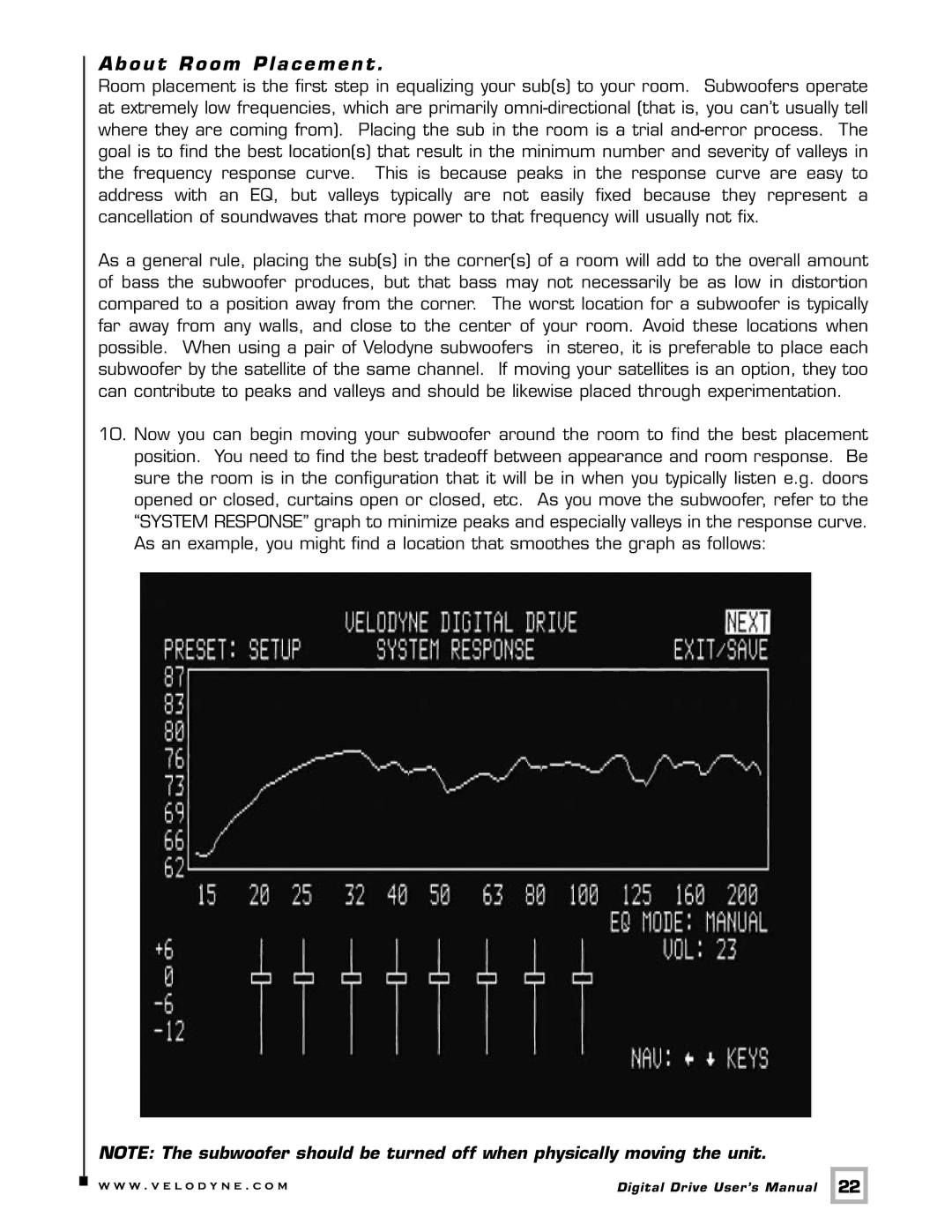 Velodyne Acoustics Digital Drive user manual About Room Placement 