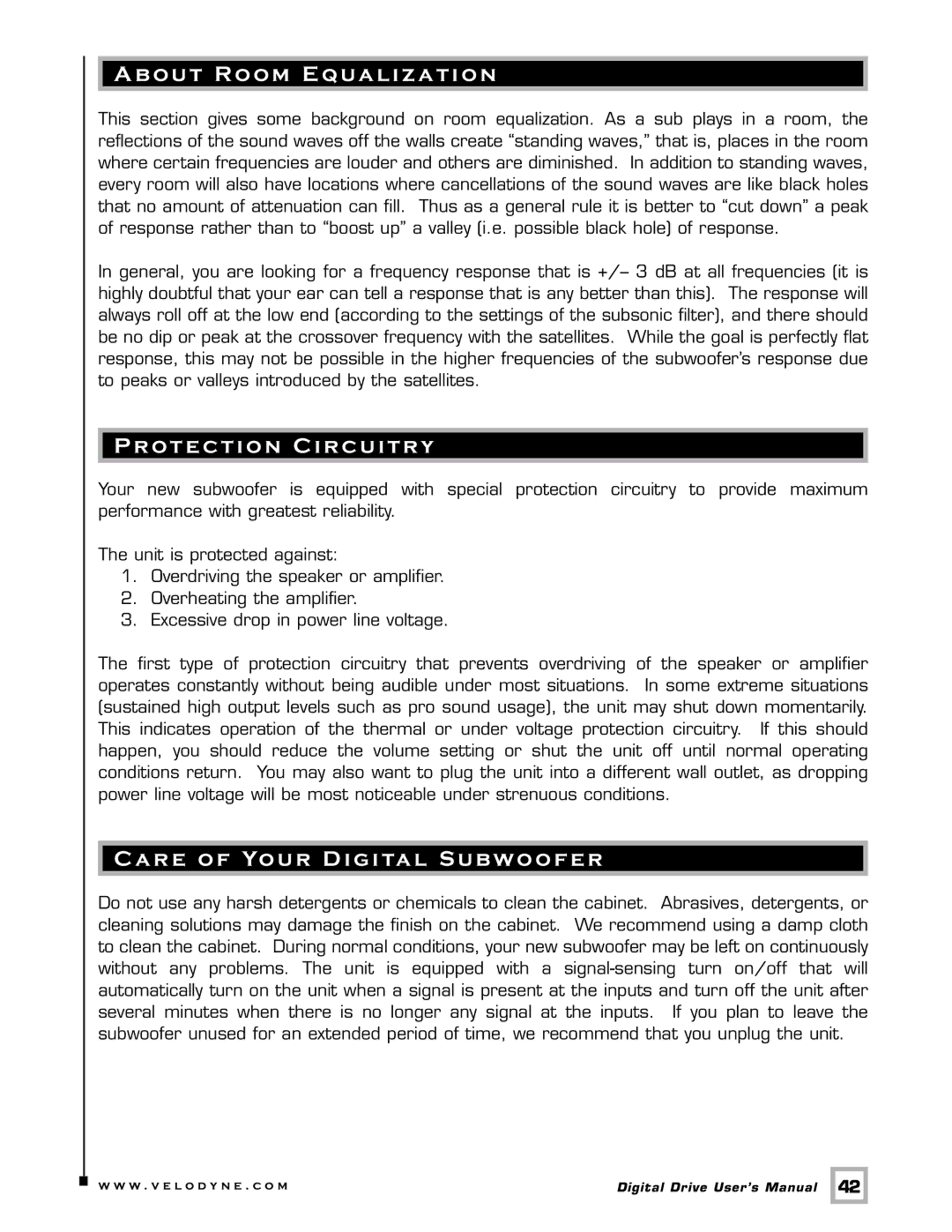 Velodyne Acoustics Digital Drive user manual About Room Equalization, Protection Circuitry, Car e of Your Digital Subwoofer 