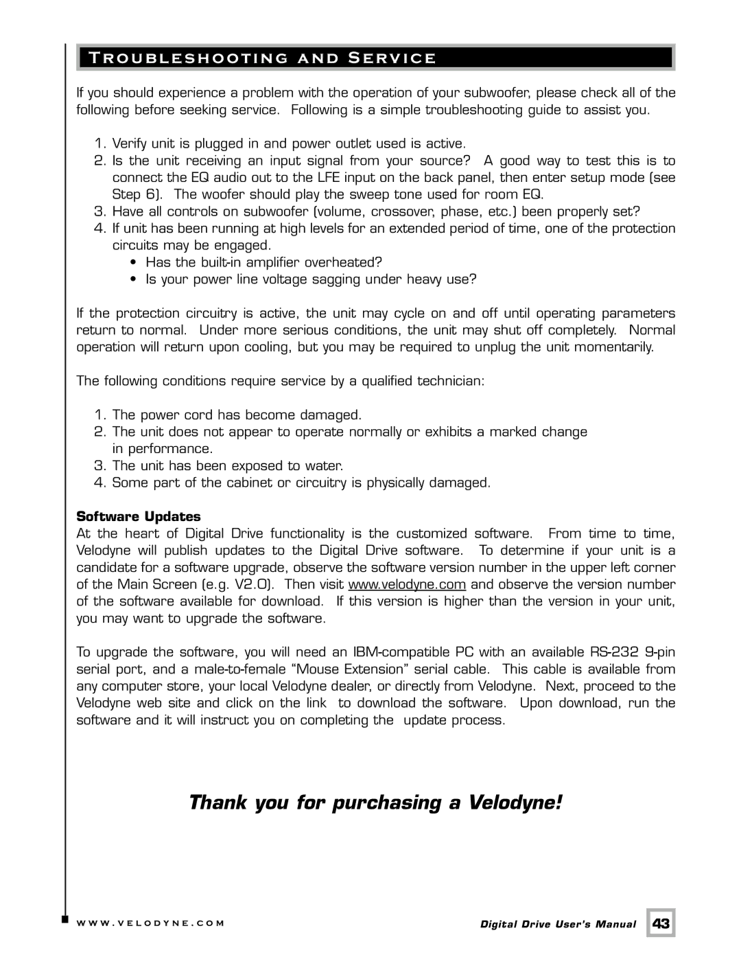 Velodyne Acoustics Digital Drive user manual Troubleshooting and Service, Software Updates 