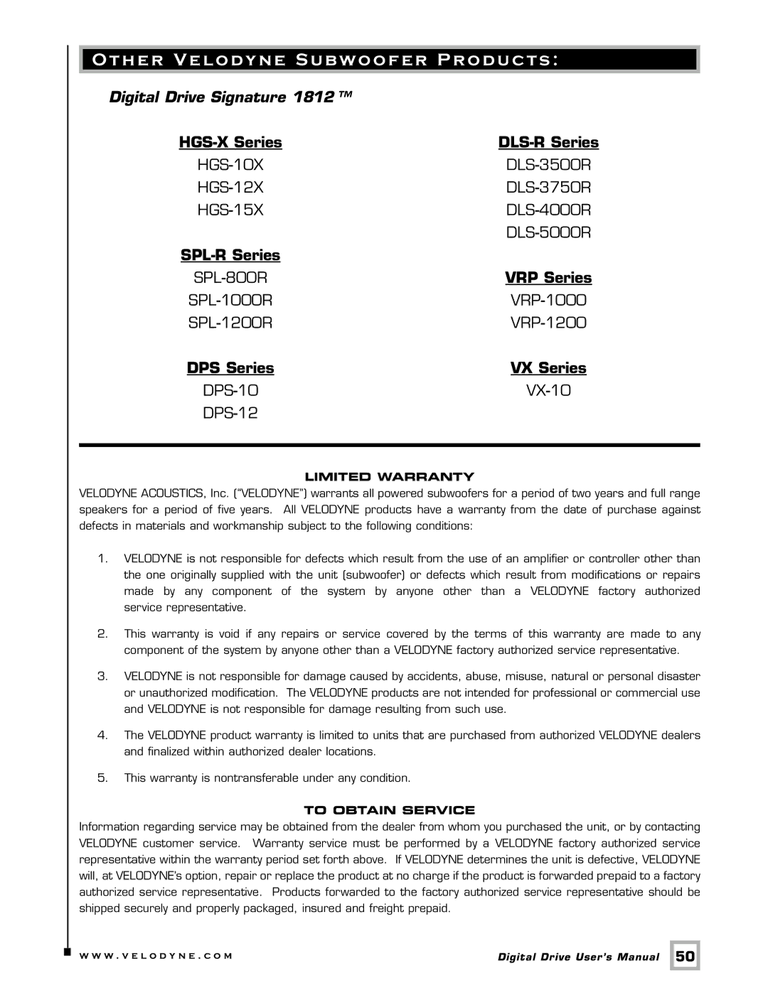 Velodyne Acoustics user manual Other Velodyne Subwoofer Products, Digital Drive Signature 