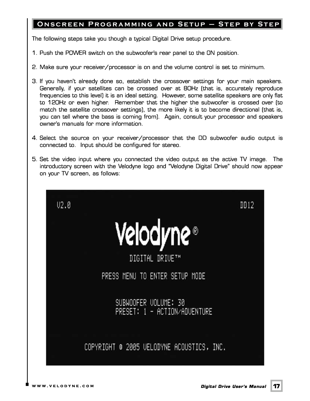 Velodyne Acoustics Digital Drive user manual Onscreen Programming and Setup - Step by Step 