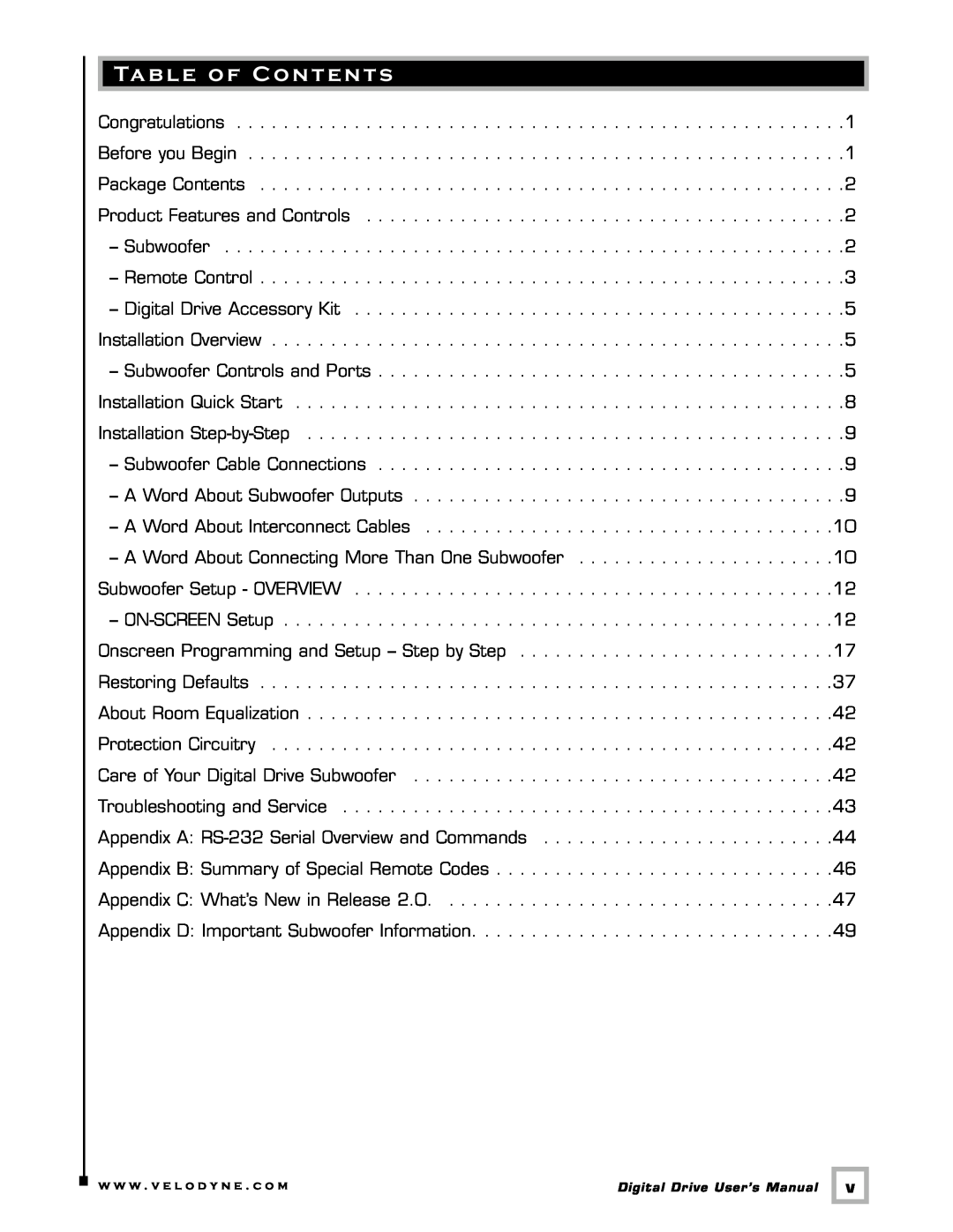 Velodyne Acoustics Digital Drive user manual Table of Contents 