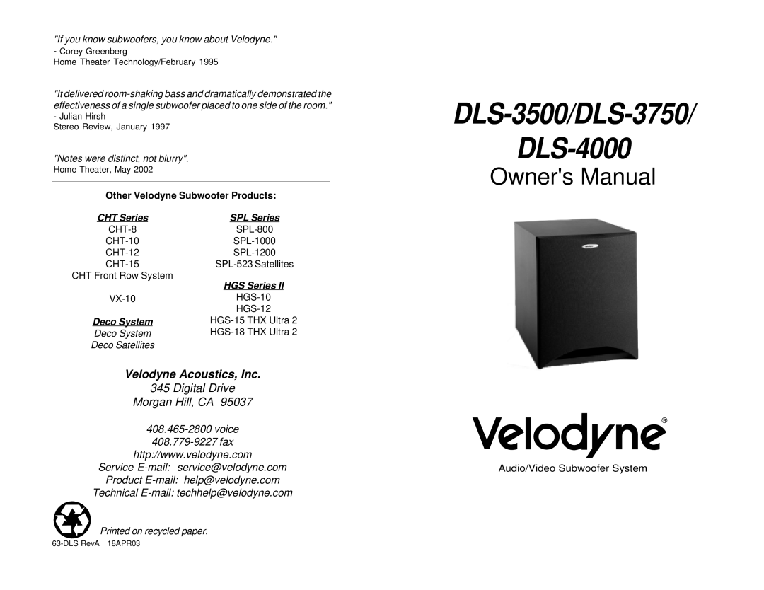 Velodyne Acoustics owner manual DLS-3500/DLS-3750 DLS-4000 