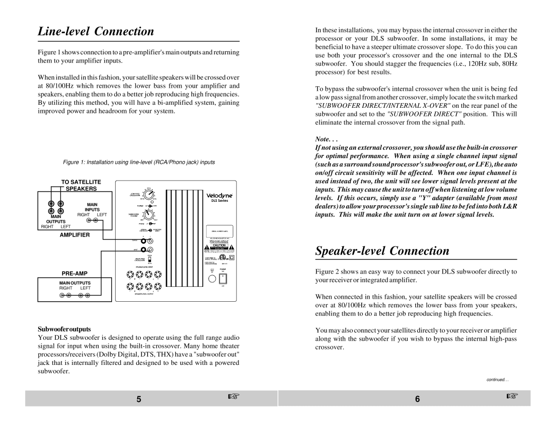 Velodyne Acoustics DLS-3750, DLS-4000, DLS-3500 Line-level Connection, Speaker-level Connection, Subwooferoutputs 