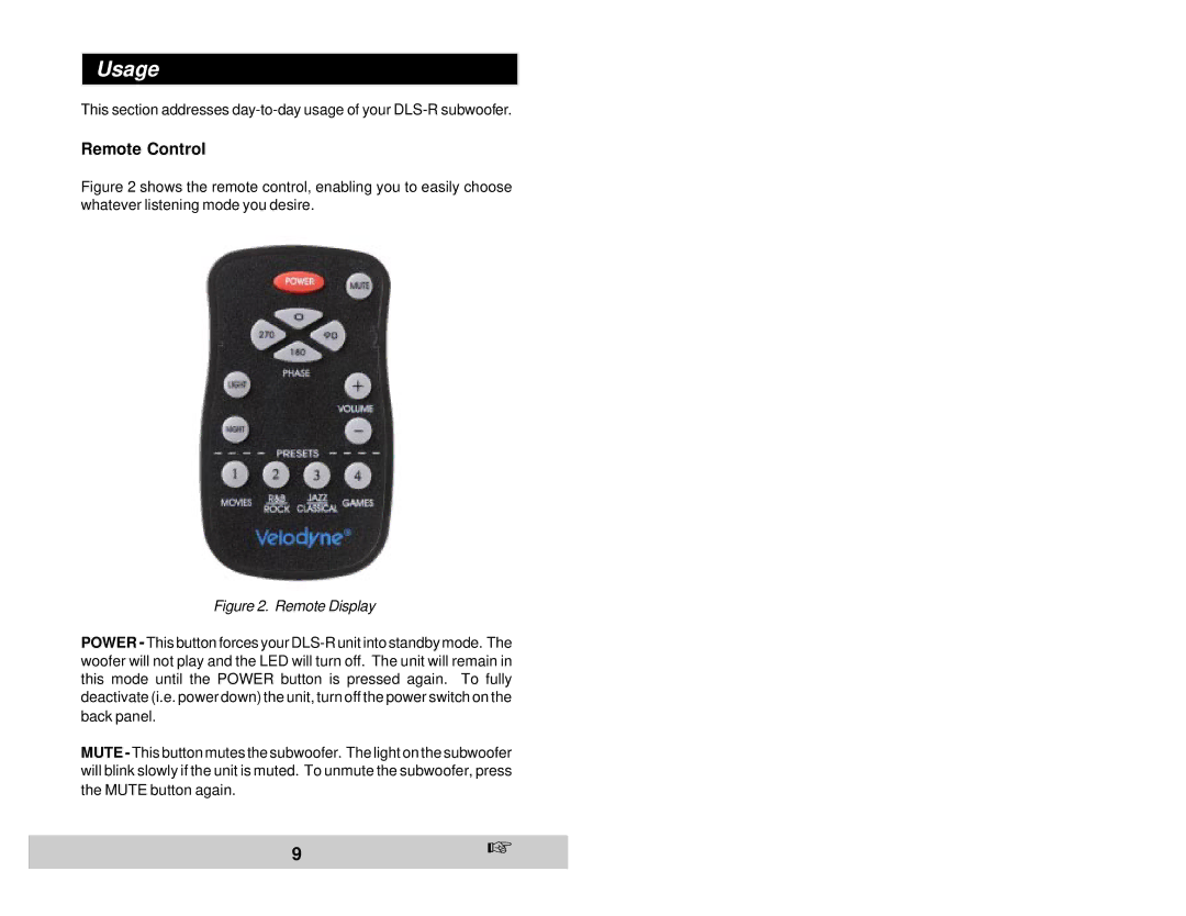 Velodyne Acoustics DLS-4000R, DLS-5000R, DLS-3750R, DLS-3500R user manual Usage, Remote Control 