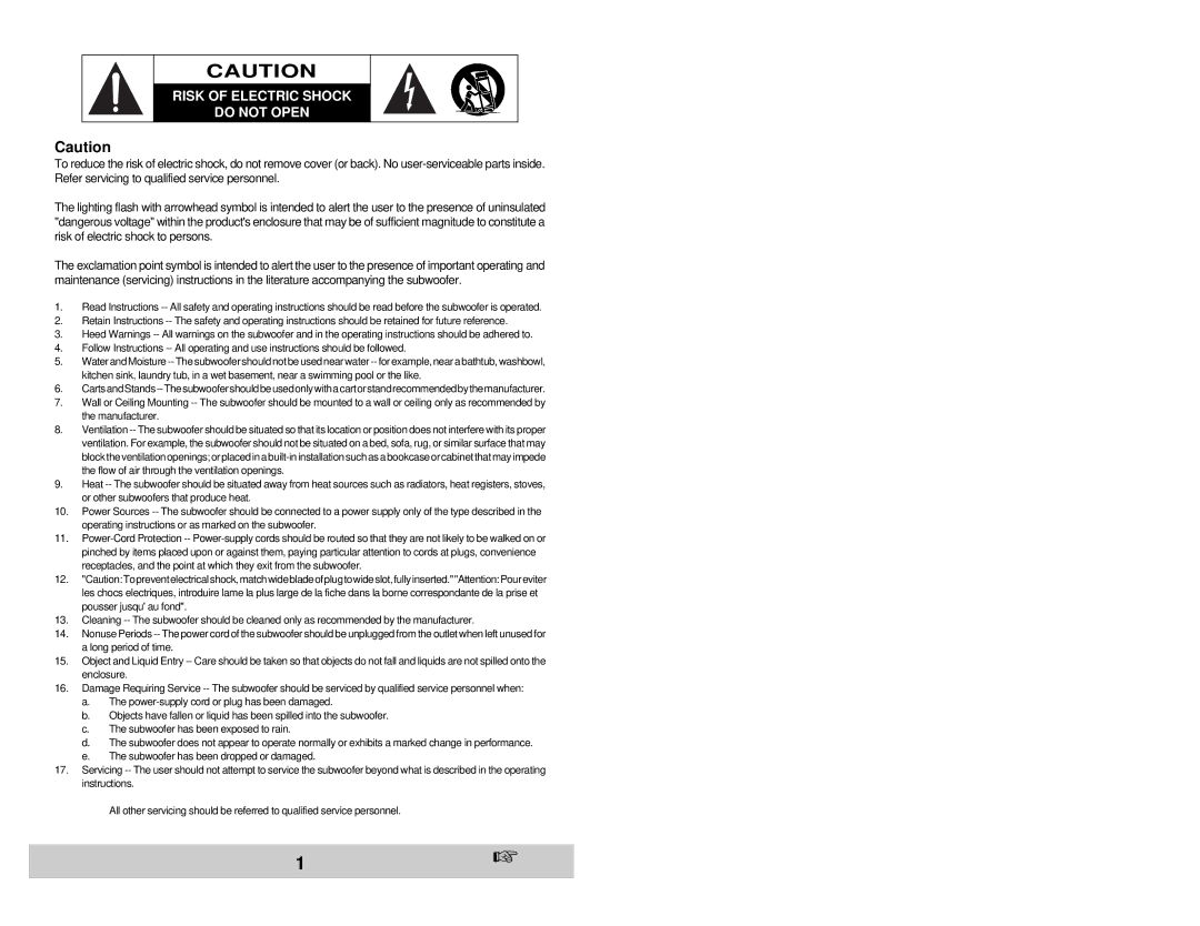 Velodyne Acoustics DLS-4000R, DLS-5000R, DLS-3750R, DLS-3500R user manual Risk of Electric Shock Do not Open 