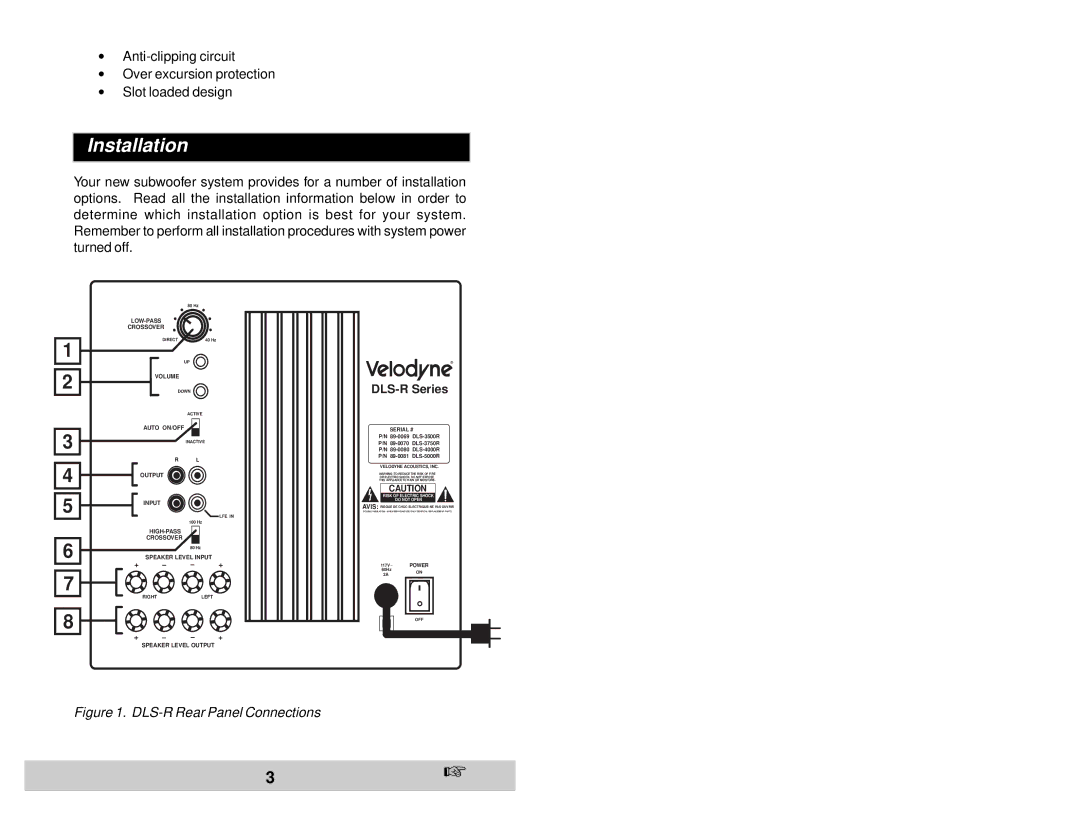 Velodyne Acoustics DLS-5000R, DLS-3750R, DLS-4000R, DLS-3500R user manual Installation, DLS-R Series 