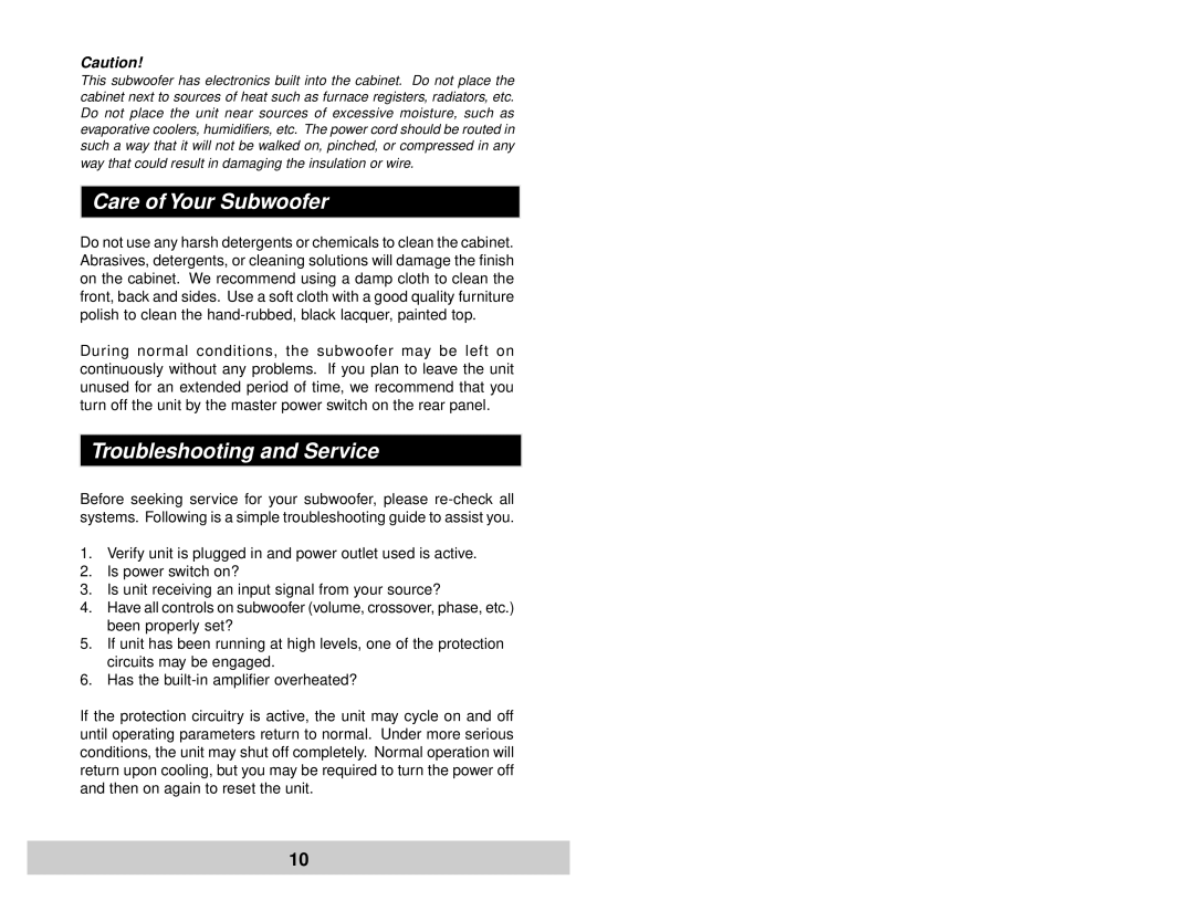 Velodyne Acoustics DPS-12, DPS-10 user manual Care of Your Subwoofer, Troubleshooting and Service 