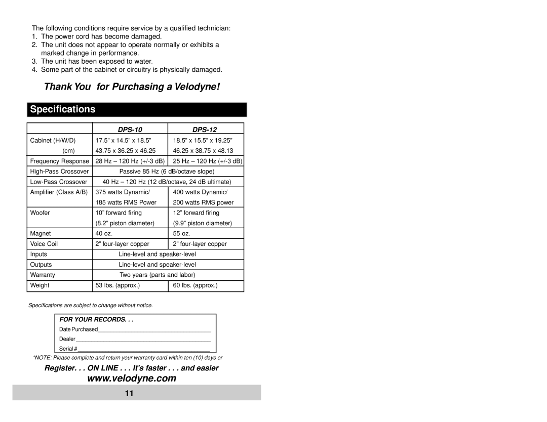 Velodyne Acoustics DPS-10, DPS-12 user manual Thank You for Purchasing a Velodyne 