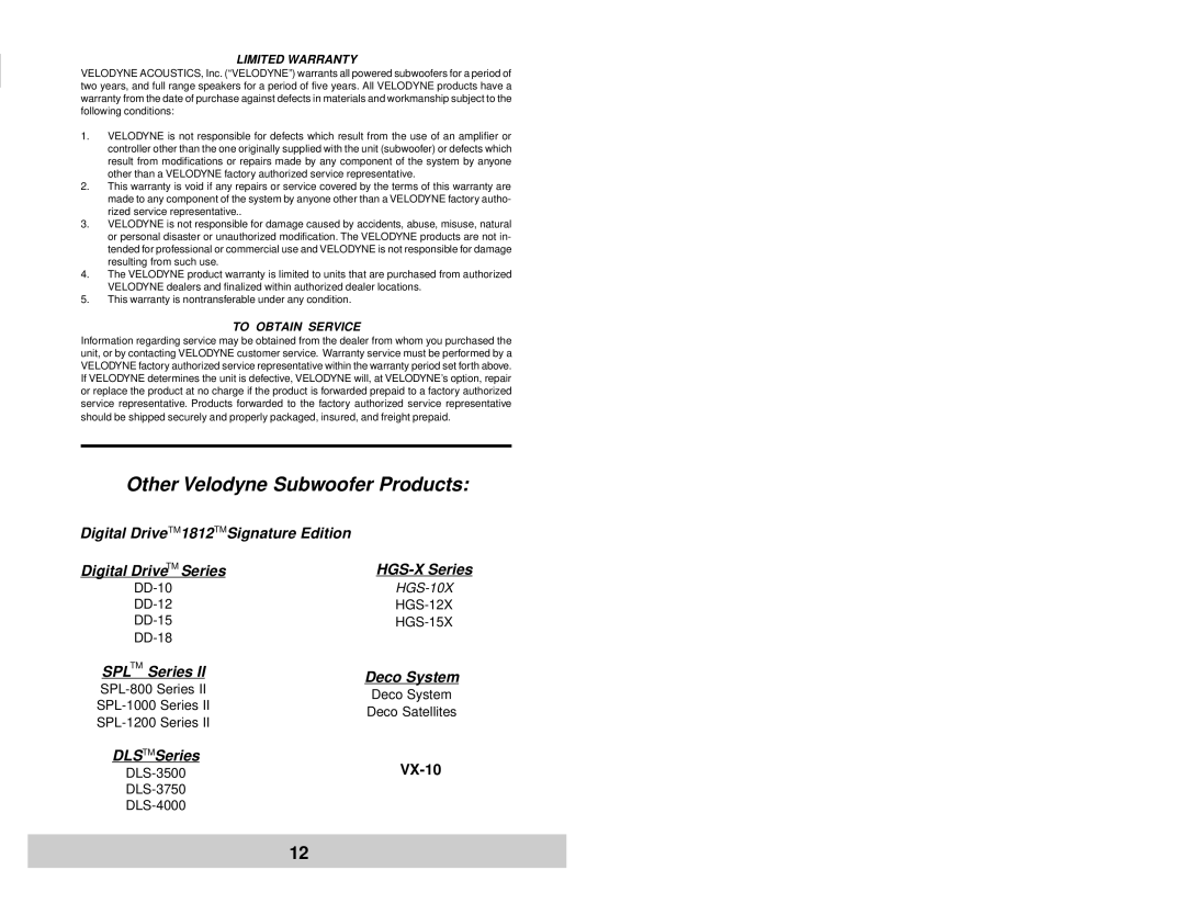 Velodyne Acoustics DPS-12, DPS-10 user manual Other Velodyne Subwoofer Products 