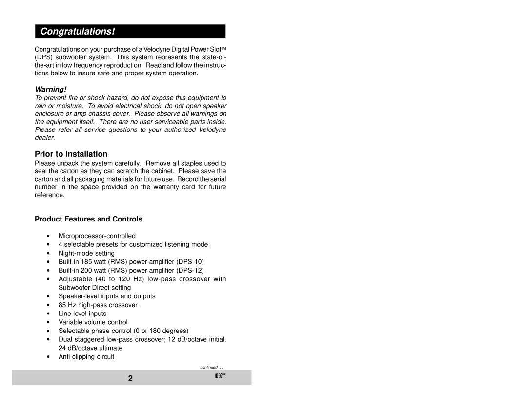 Velodyne Acoustics DPS-12, DPS-10 user manual Congratulations, Prior to Installation, Product Features and Controls 