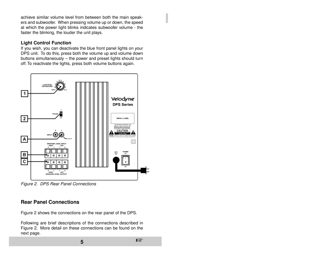 Velodyne Acoustics DPS-10, DPS-12 user manual Rear Panel Connections, Light Control Function 