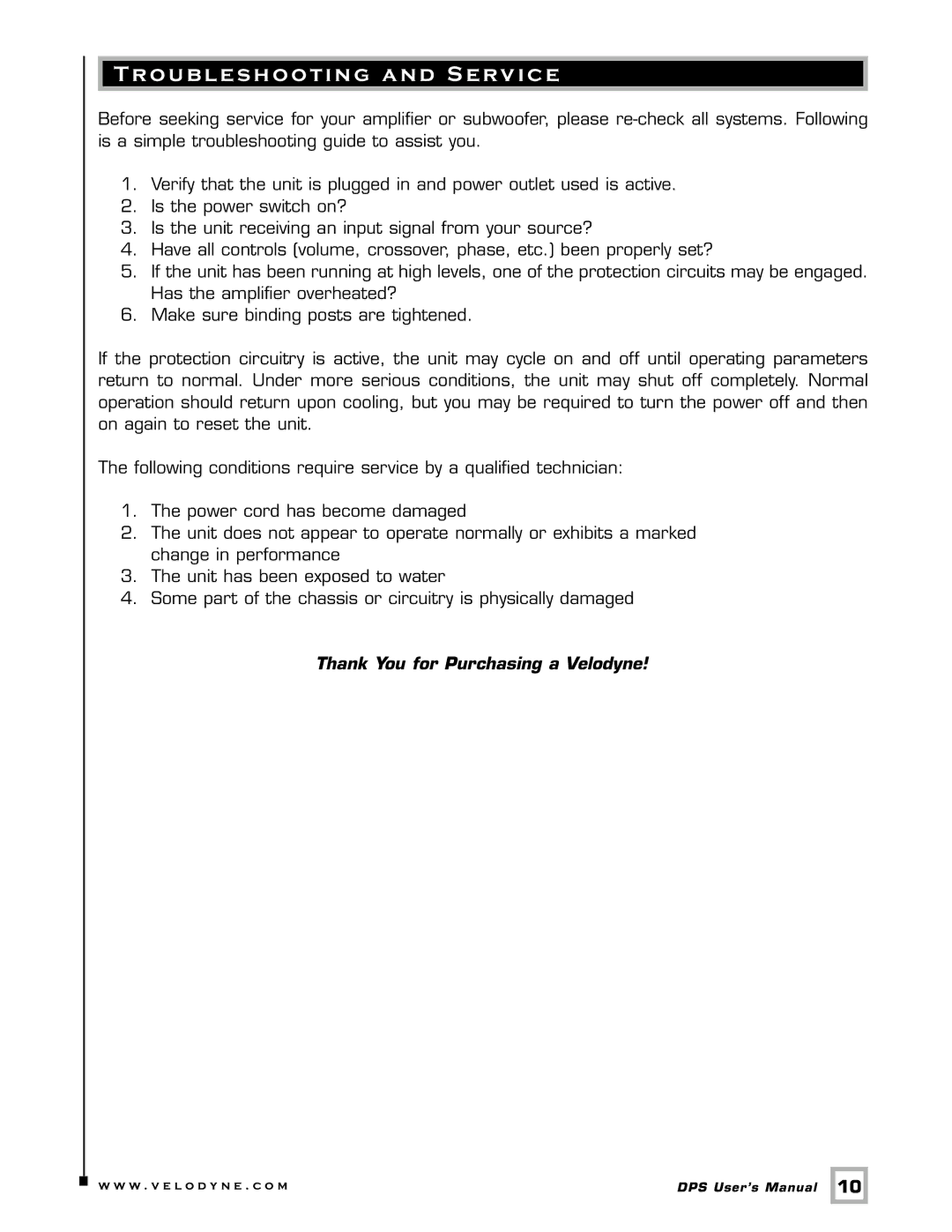 Velodyne Acoustics DPS-12, DPS-10 user manual Troubleshooting and Service 