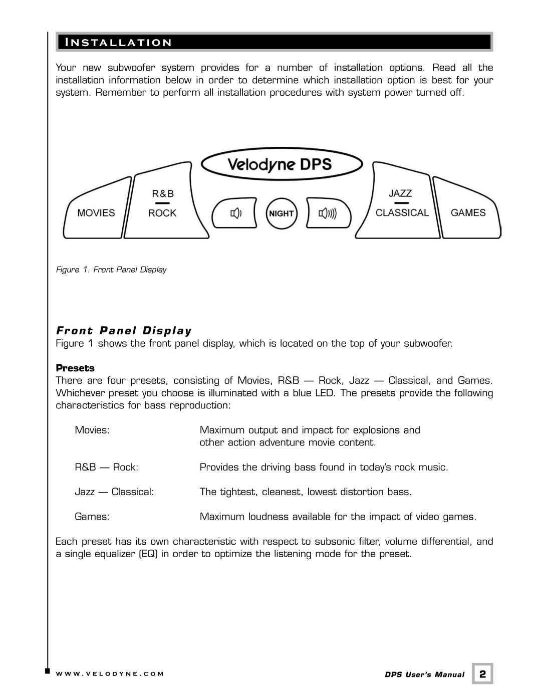 Velodyne Acoustics DPS-12, DPS-10 user manual S ta l l a t i o n, Fr ont Panel Display, Presets 