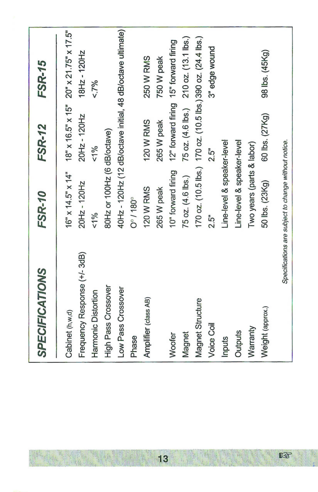 Velodyne Acoustics FSR-15, FSR-12, FSR-10 manual 