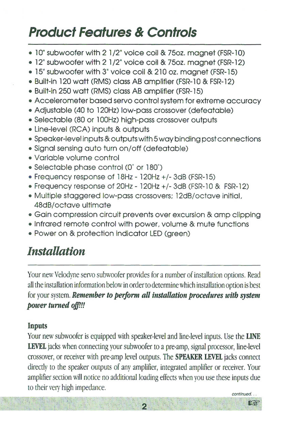 Velodyne Acoustics FSR-12, FSR-10, FSR-15 manual 