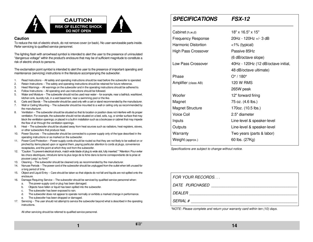 Velodyne Acoustics owner manual Specifications FSX-12 