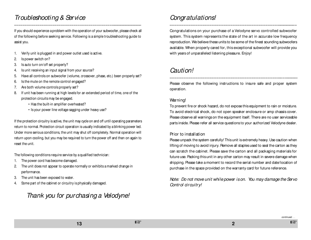 Velodyne Acoustics FSX-12 owner manual Troubleshooting & Service, Thank you for purchasing a Velodyne Congratulations 