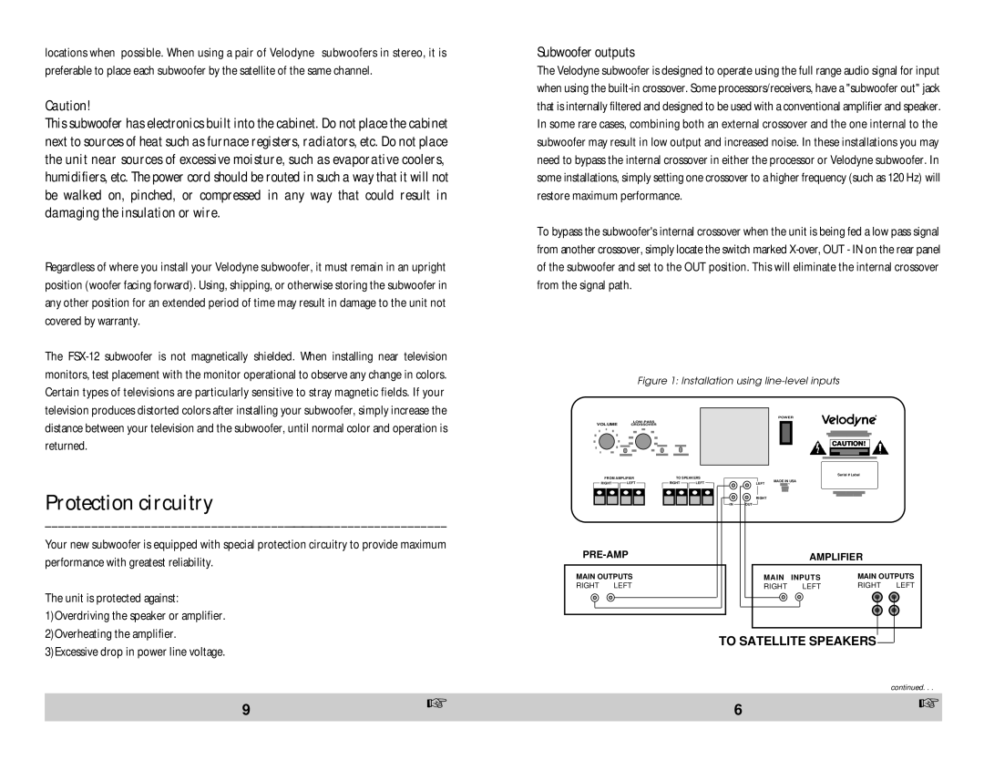 Velodyne Acoustics FSX-12 owner manual Protection circuitry, Subwoofer outputs 