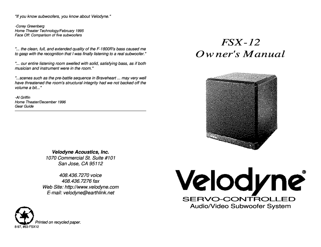 Velodyne Acoustics FSX-12 owner manual SERVO-CONTROLLEDAudio/Video Subwoofer System, Velodyne Acoustics, Inc 