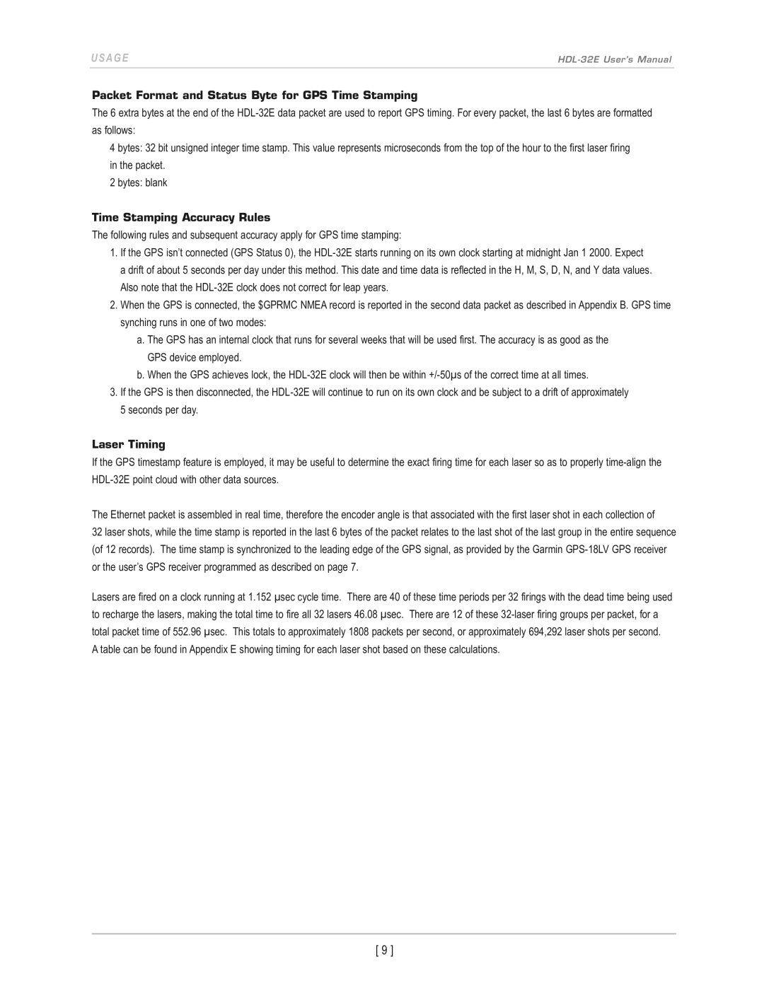 Velodyne Acoustics HDL-32E Packet Format and Status Byte for GPS Time Stamping, Time Stamping Accuracy Rules, Laser Timing 