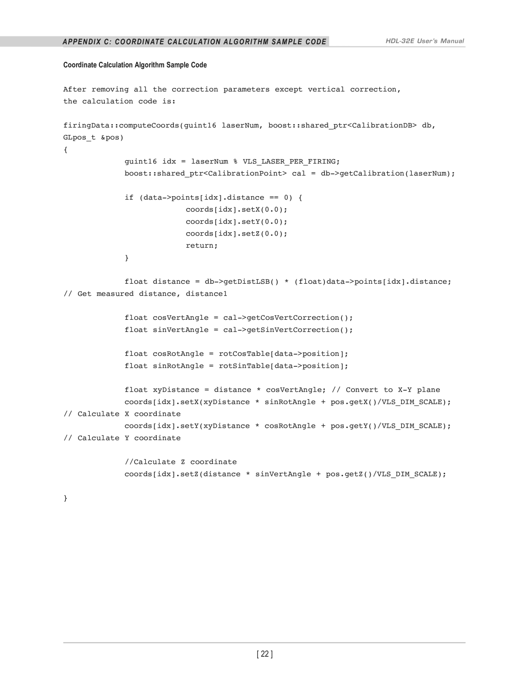 Velodyne Acoustics HDL-32E user manual APPendix c coordinate caLcuLation aLGoritHM saMPLe code 