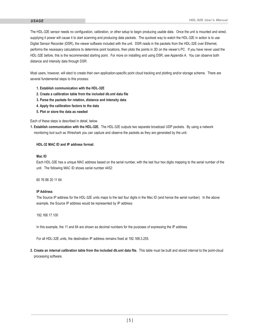 Velodyne Acoustics HDL-32E user manual UsaGe, HDL-32 MAC ID and IP address format Mac ID, IP Address 