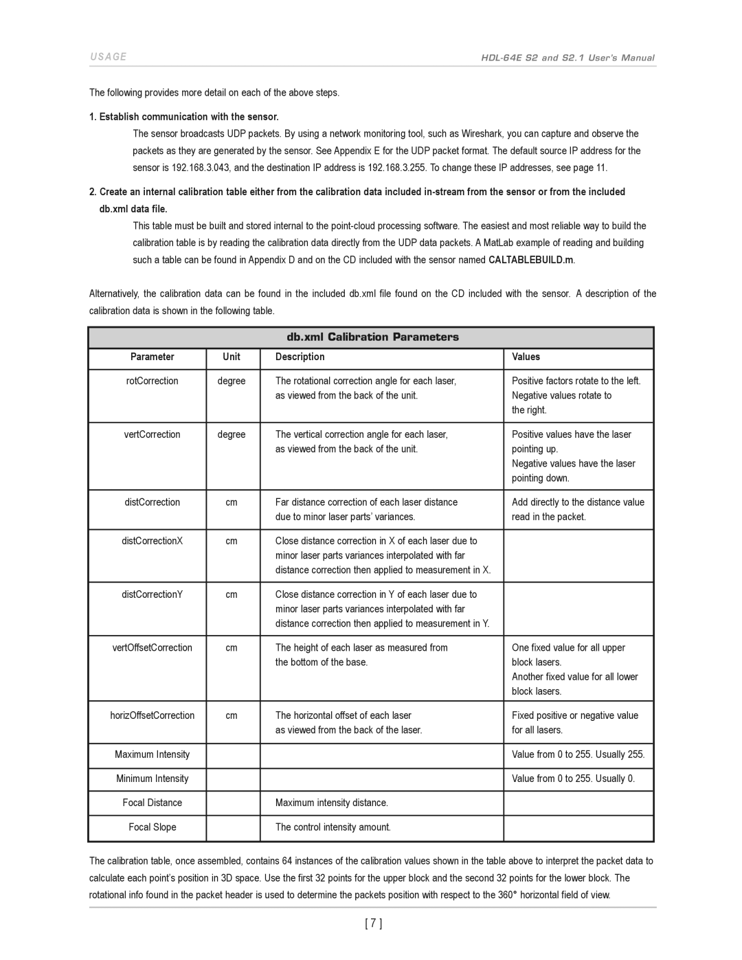 Velodyne Acoustics HDL-64E S2.1 user manual Establish communication with the sensor, Db.xml Calibration Parameters 