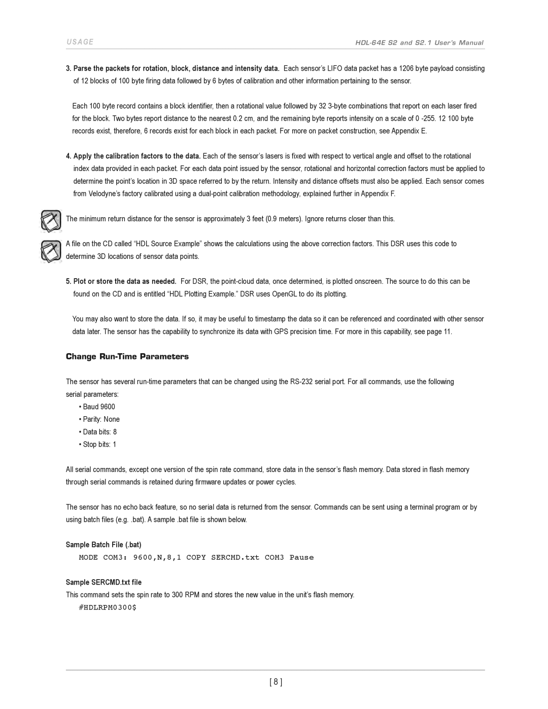 Velodyne Acoustics HDL-64E S2.1 user manual Change Run-Time Parameters, Sample Batch File .bat, Sample SERCMD.txt file 