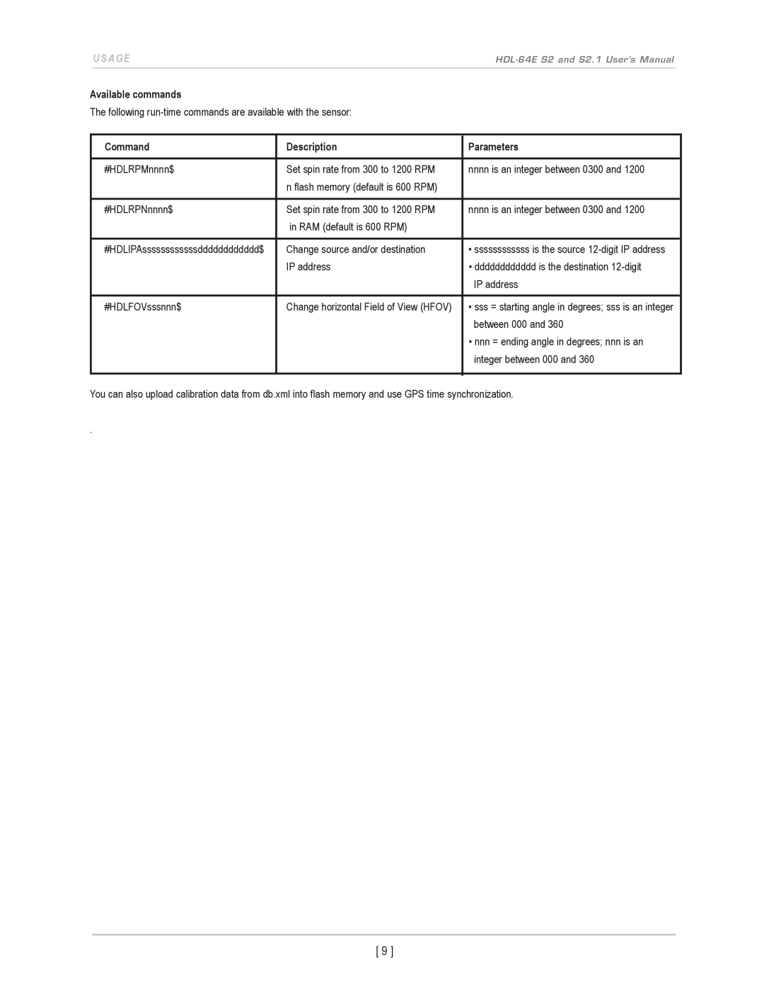 Velodyne Acoustics HDL-64E S2.1 user manual Available commands, Command Description Parameters 