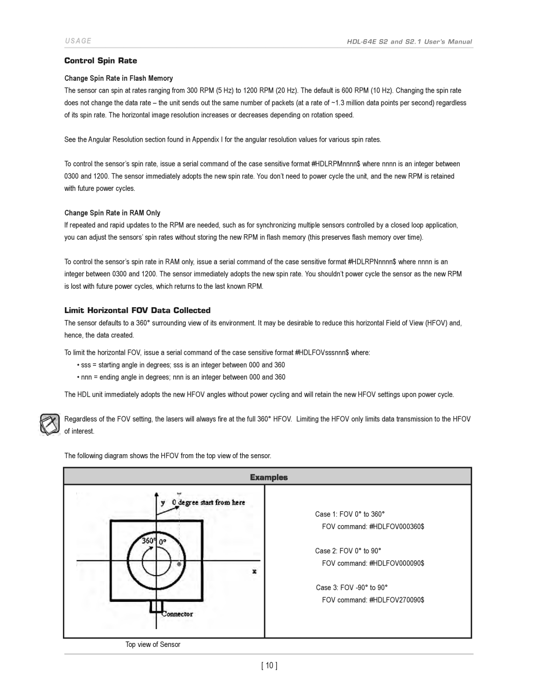 Velodyne Acoustics HDL-64E S2.1 user manual Control Spin Rate, Limit Horizontal FOV Data Collected 