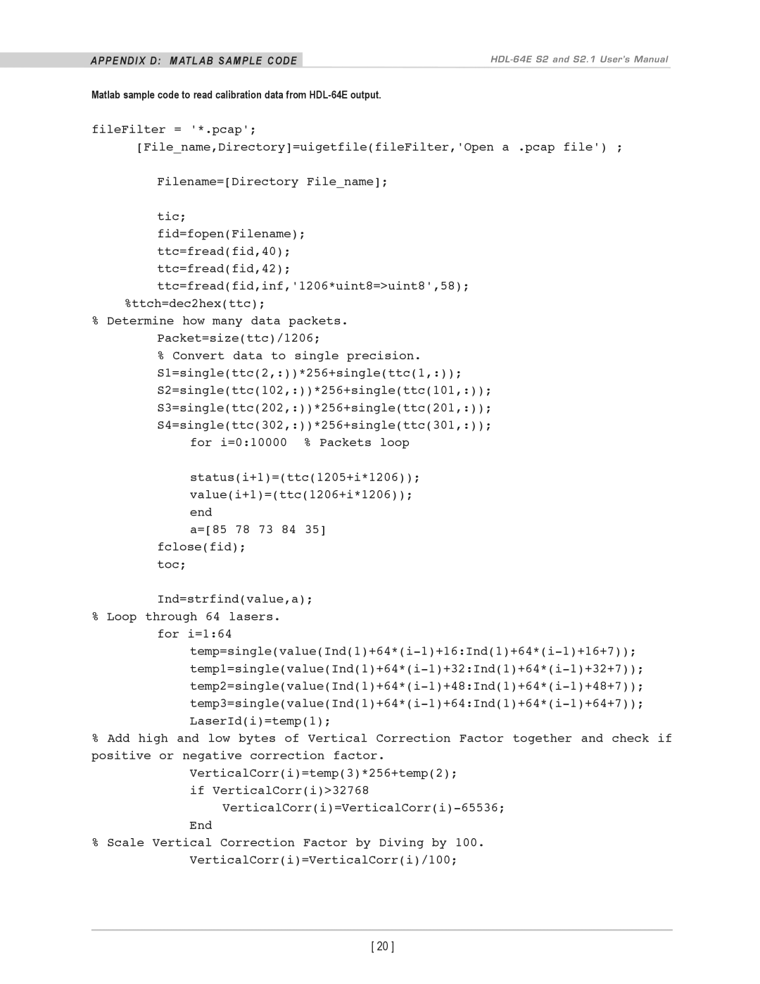 Velodyne Acoustics HDL-64E S2.1 user manual APPendix d MatLaB saMPLe code 