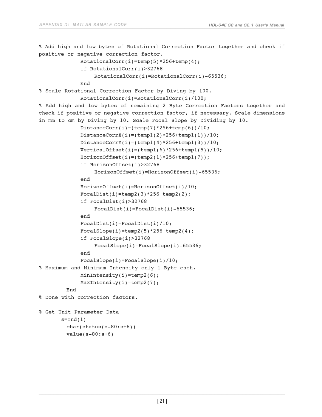 Velodyne Acoustics HDL-64E S2.1 user manual APPendix d MatLaB saMPLe code 