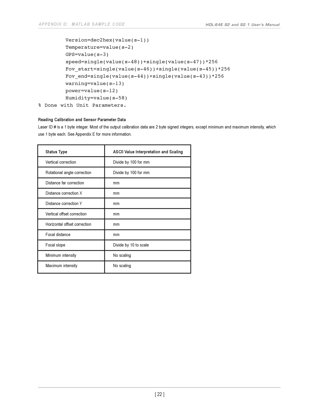 Velodyne Acoustics HDL-64E S2.1 user manual Reading Calibration and Sensor Parameter Data 