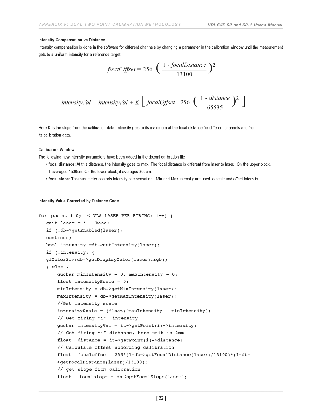 Velodyne Acoustics HDL-64E S2.1 user manual Intensity Compensation vs Distance, Calibration Window 