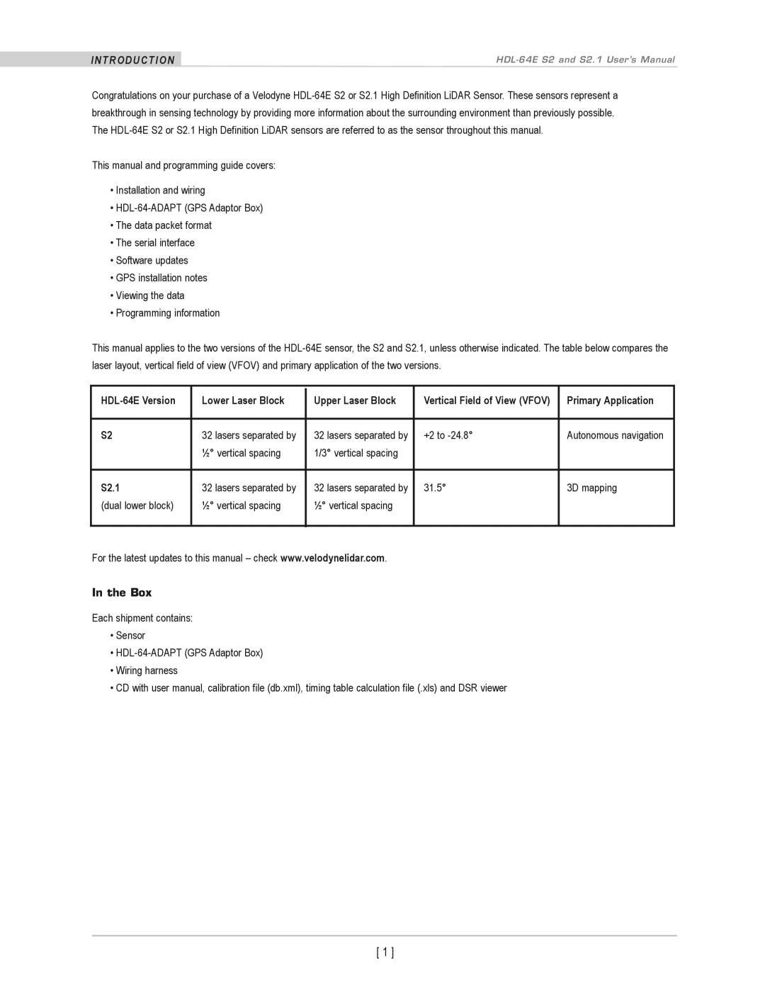 Velodyne Acoustics HDL-64E S2.1 user manual Introduction, Box 