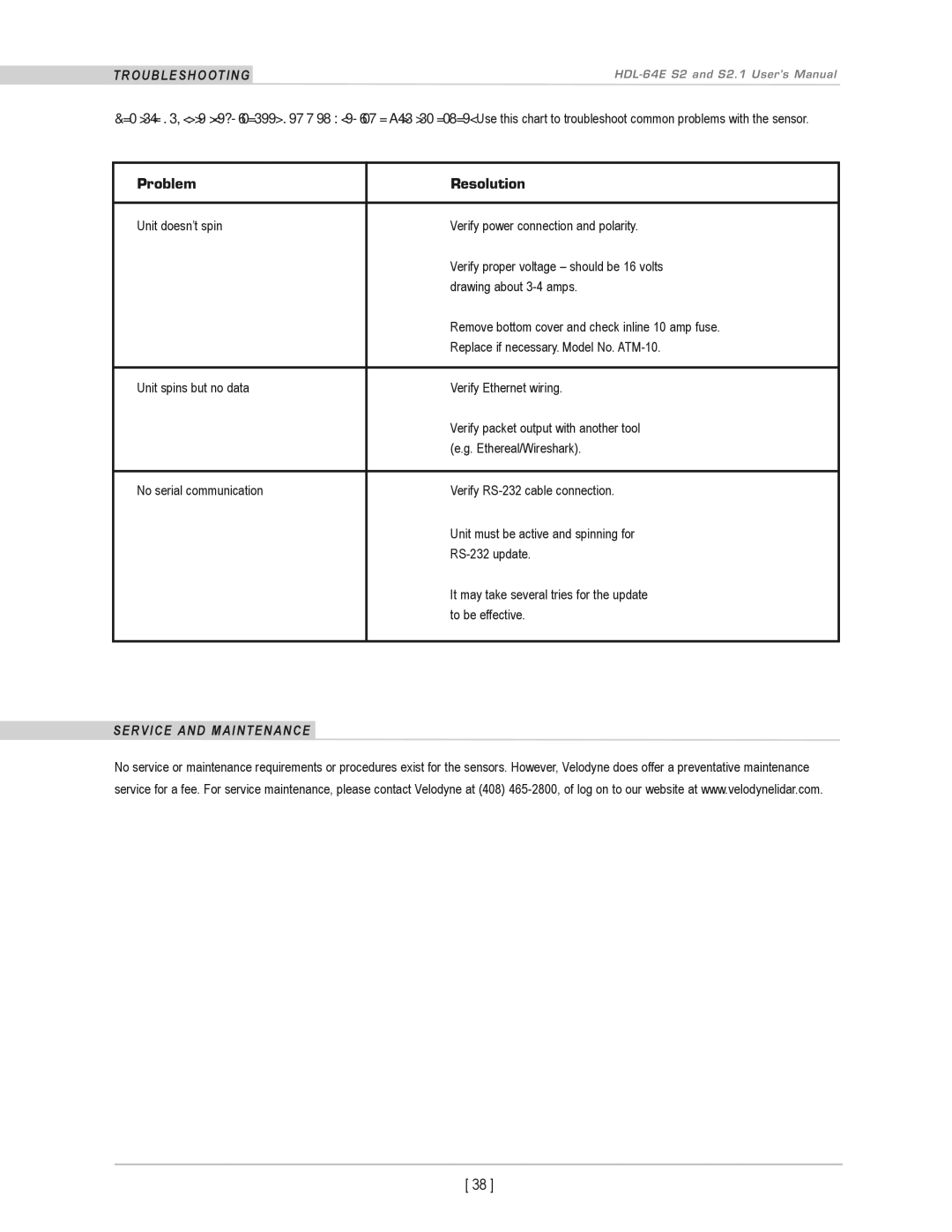 Velodyne Acoustics HDL-64E S2.1 user manual TrouBLeshootinG, Problem Resolution, SerVice and Maintenance 