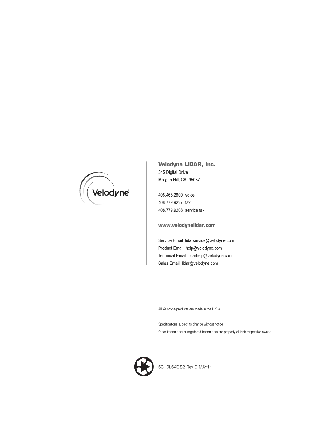 Velodyne Acoustics HDL-64E S2.1 user manual Velodyne LiDAR, Inc 