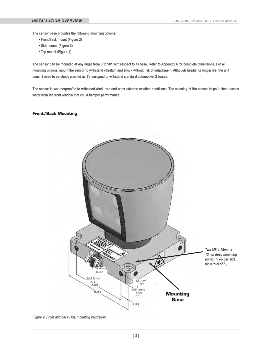 Velodyne Acoustics HDL-64E S2.1 user manual InstaLLation oVerVieW, Front/Back Mounting 